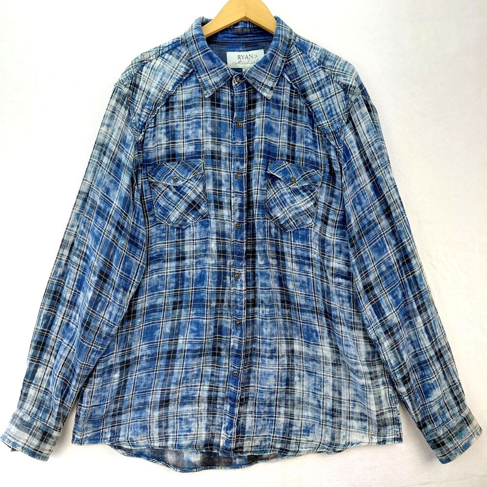 Ryan Michael Shirt Mens XXL Blue Plaid LS Metal Snaps Yoke Western Cowboy Rodeo